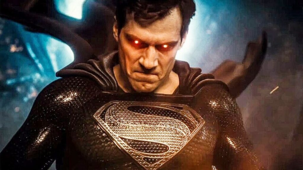 Promotional image from Zack Snyder's Justice League, close up of Superman's (Henry Cavill) face with his laser eyes activated