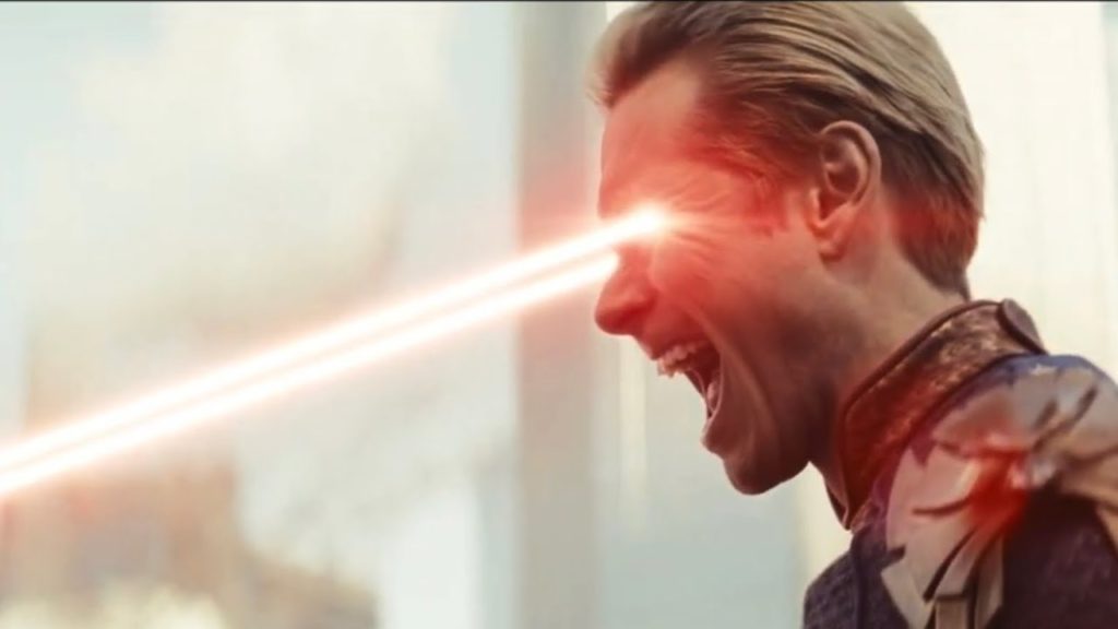 A still from the TV show The Boys of Homelander (Antony Starr) using his laser eyes