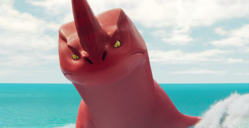 Screen shot from the animated film The Sea Beast (2022). Mid shot of a large, animated red sea dragon looking into the camera.
